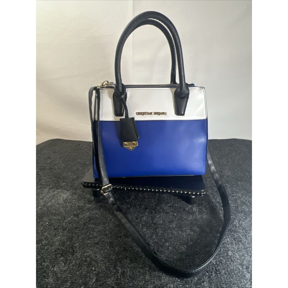 Christian Siriano Blue White Satchel Crossbody Bag Structured Top Handle - Picture 3 of 16